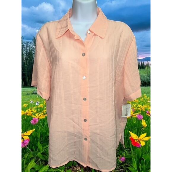 Michele Michelle Medium Top Orange Crepe Vertical Stripes Button Up Short Sleeve - Picture 2 of 5